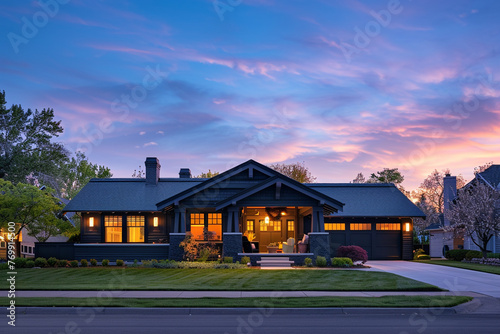 Early dusk, sky transitioning from blue to pink over a charcoal Craftsman style house, suburban area winding down, lights starting to illuminate the surroundings, calm before the night begins