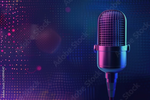podcast microphone on abstract background Close up of retro microphone, podcast concept with abstract background and lights