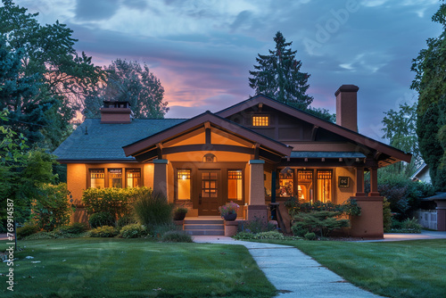 Late afternoon serenity, a terracotta Craftsman style house in the soft light of fading day, suburban quietness setting in, relaxing atmosphere
