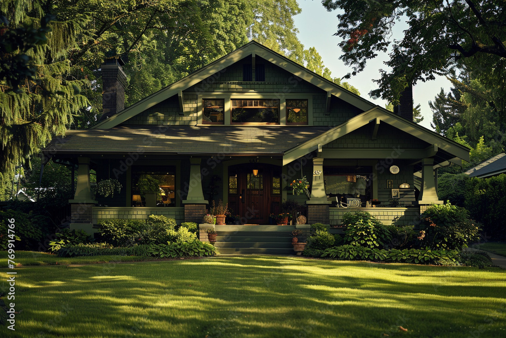 Late afternoon sunlight casting long shadows on a forest green Craftsman style house, quieting suburban atmosphere as the day winds down, relaxed setting