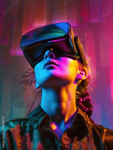 Vibrant portrait of a woman experiencing advanced virtual reality with neon lights and headset