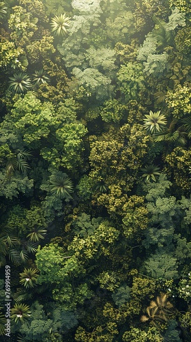 Rainforest canopy, bird's eye view, rich greens, midday light, ultra high definition 