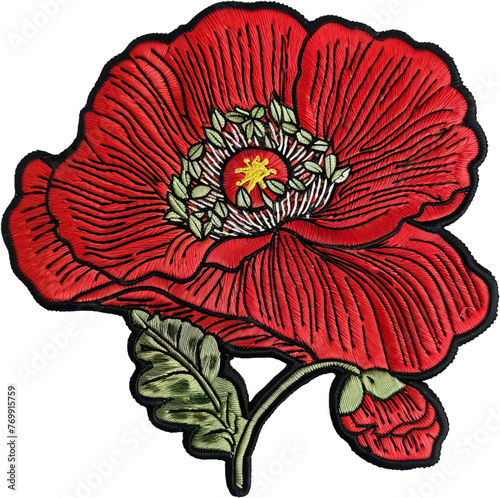 Red poppy flower embroidered patch with detailed stitching cut out on transparent background