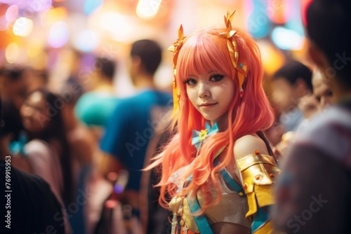 Cosplayer of a popular anime character in a bustling convention hall photo