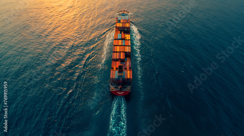 Aerial view from drone, Container ship or cargo shipping business logistic import and export, cargo container ship, Container Ship, Container Cargo Ship, ship in open sea, Generative Ai