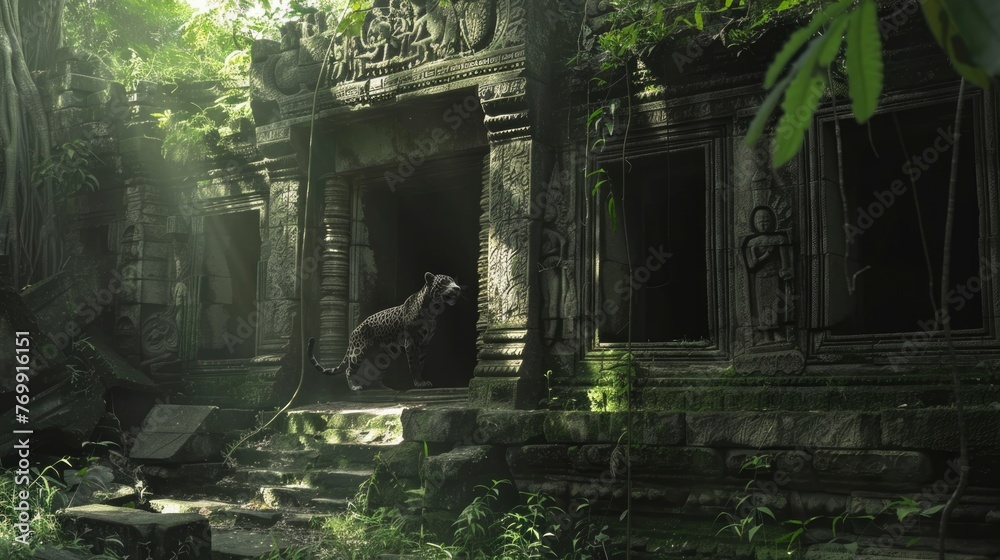 Fototapeta premium A dark, abandoned building with a large bear in the doorway. Scene is eerie and mysterious