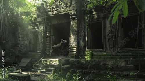 A dark  abandoned building with a large bear in the doorway. Scene is eerie and mysterious
