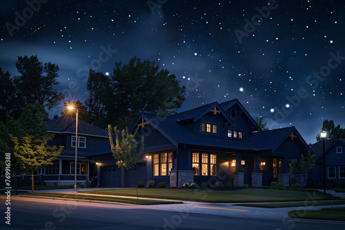 Midnight under a starry sky, a navy blue Craftsman style house in a suburban setting, highlighted by moonlight and soft street lamps, tranquil and silent neighborhood evoking a sense of calm
