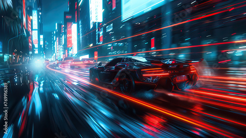 An electric car blurs past glowing neon signs and towering skyscrapers in a scene straight out of a sci-fi fantasy.