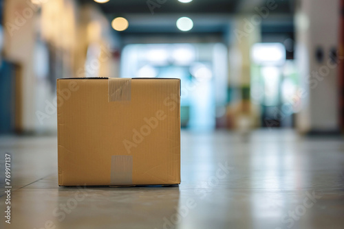 Cardboard box container package in concept of parcel delivery or shipment from receiver to sender service photo
