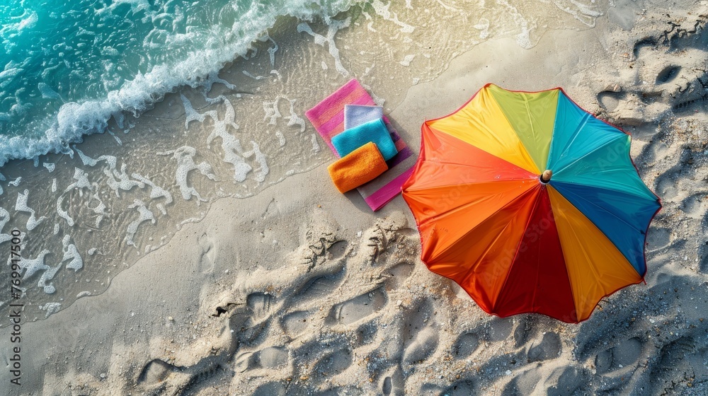 Naklejka premium A sunny beach scene with a multi-colored umbrella and bright towels on the sand, capturing the essence of summer relaxation.