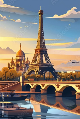 An illustrated depiction of the Eiffel Tower at sunset with the Seine River in the foreground reflecting the iconic structure.