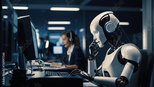 Answerphone, Robot With Headphones Answering The Phone Calls.Ai generative