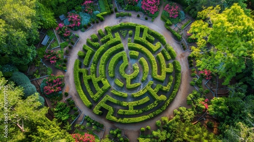 A beautifully crafted circular hedge maze surrounded by flowering plants, viewed from above, offers an engaging garden spectacle.