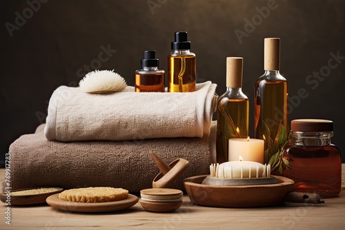 Men spa set with towels, natural solid shampoo, soap, beard brush and aroma oil on dark background.