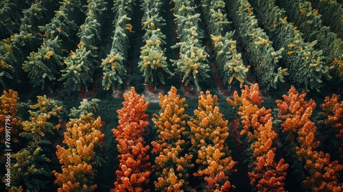 From above, the striking contrast between the evergreen pines and the fiery hues of autumn trees paints a vibrant natural mosaic.