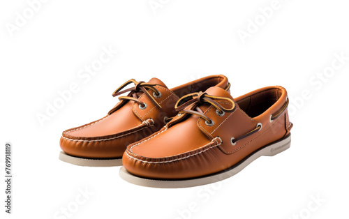 A pair of brown shoes elegantly resting on a pristine white background