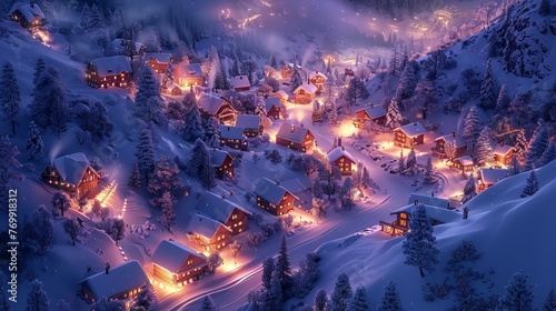 An idyllic winter village covered in snow glows warmly with lights against the twilight sky, creating a magical holiday scene.