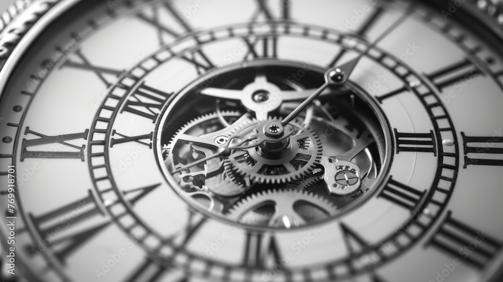 A monochrome close-up image of the complex inner workings of a mechanical watch, showcasing gears and springs.