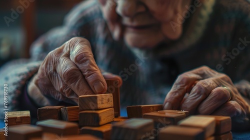 Elderly Hands Engaged in Cognitive Exercise, Detailed view of an elderly person's hands engaging with wooden blocks, evoking themes of memory, aging, and mental health