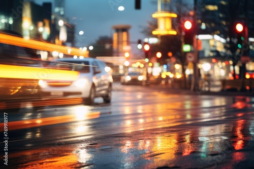 A gridlocked urban intersection, with honking cars out of focus in the foreground, during the evening with a mix of traffic and colorful city lights.