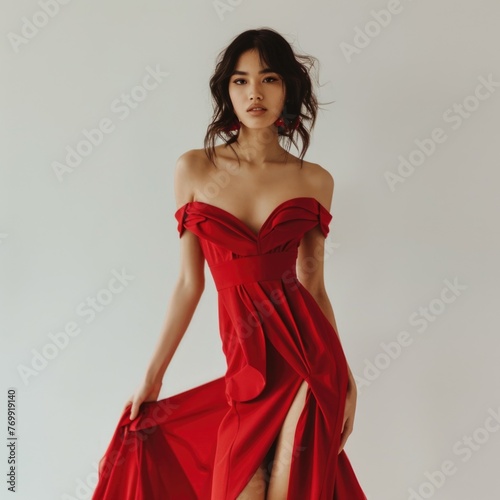Timeless Elegance in Scarlet, elegant woman in a scarlet dress exudes a classic beauty, her gaze both serene and commanding, as the fabric flows around her