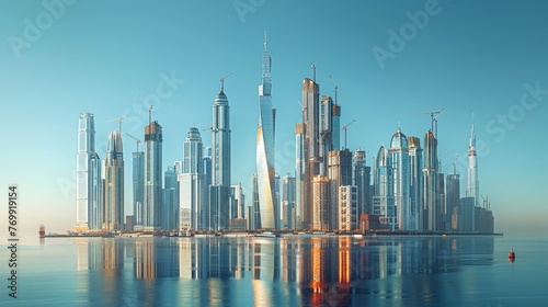 A breathtaking view of a contemporary city skyline with its towering skyscrapers reflecting beautifully on the calm surface of the waterfront.