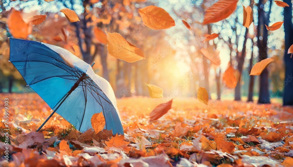generative beautiful autumn background landscape carpet of fallen orange autumn leaves in park and blue umbrella leaves fly in wind in sunlight concept of golden autumn