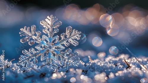 A single, intricate snowflake captured in stunning detail, sparkling radiantly as it basks in the gentle glow of sunlight.