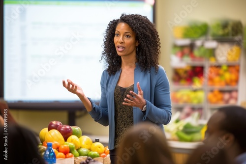 African American nutritionist educates students in a school, stressing nutritious choices. Interactive session promotes health-conscious decisions.