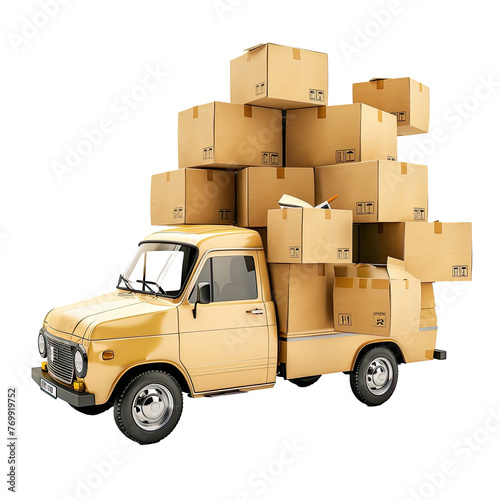 delivery car or movers service van full of cardbord isolated on transparent background