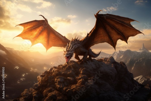 Fierce dragon perched on mountaintop with wings spread wide. #769919950