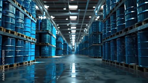 Rows of blue industrial barrels stored in a warehouse. Reliable strength, neatly arranged barrels.
