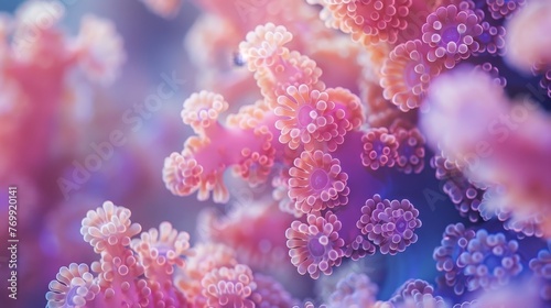 Ethereal pink and purple soft coral polyps floating in a tranquil underwater scene, highlighted by a soft focus. photo