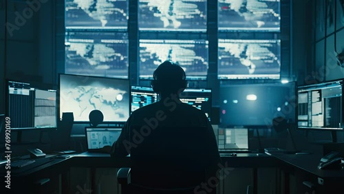 Security Professional Monitoring Multiple CCTV Feeds. Rear view of a security professional attentively overseeing multiple surveillance screens in a dark, high-tech control room.
