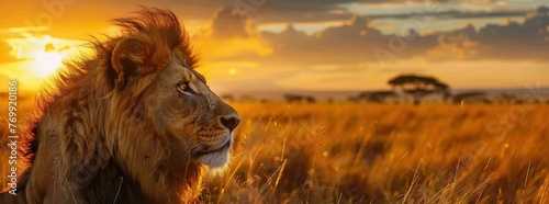 Lion portrait on savanna landscape background and Mount Kilimanjaro at sunset. Panoramic version. AI generated illustration