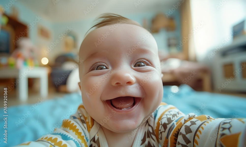 A cute funny infant baby boy is taking selfie A cute funny infant baby boy is taking selfie