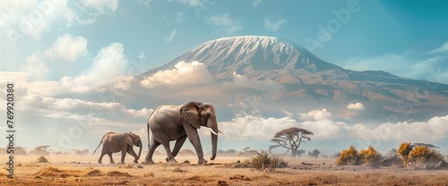 Elephant on the background of Mount Kilimanjaro in the national reserve. AI generated illustration © Or