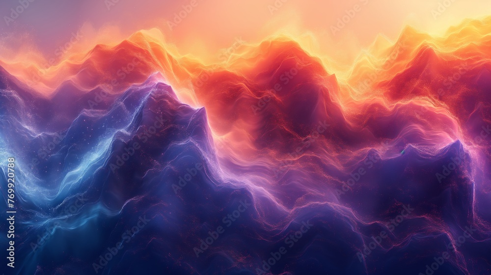 Dark deep bright blue purple red orange coral abstract background. Geometric shape. Angle line strip 3D. Color gradient. Neon electric metallic fire glow light. Grain noise rough. Wide banner.Panorama