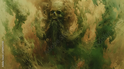 A green monster with a skull on its head and a long beard