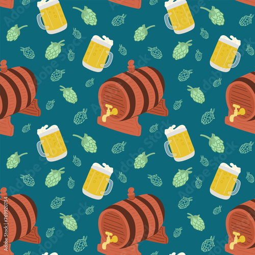 Flat beer items seamless pattern. Hand drawn beer barrel, beer mug and hop plant. St Patricks day traditional concept. Unique print design for textile, wallpaper, wrapping