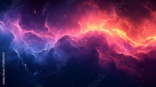 Dark deep bright blue purple red orange coral abstract background. Geometric shape. Angle line strip 3D. Color gradient. Neon electric metallic fire glow light. Grain noise rough. Wide banner.Panorama © IC Production