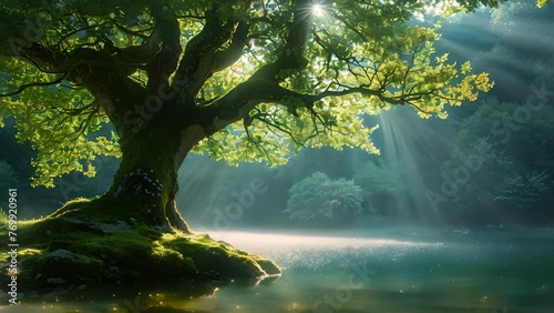 Time-lapse of Solitary Tree on an Island in Serene Lake. A single lush tree stands tall on a small island amidst a tranquil lake, under the bright, sunny sky dotted with clouds.