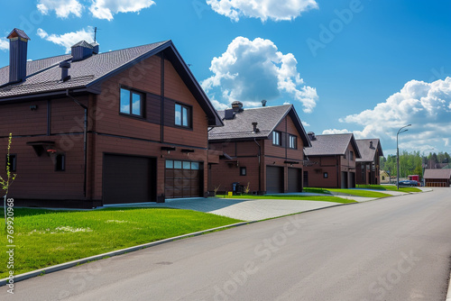 Street with two-storied brown cottages with built-in garage. Green grass near houses. © Nairobi 