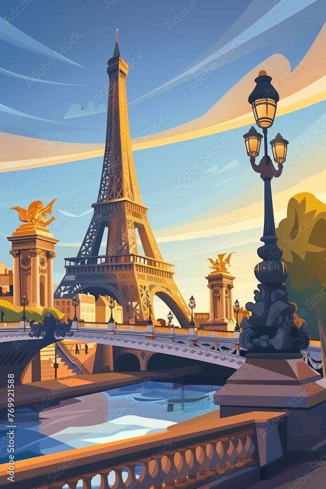 An illustrated view of the iconic Eiffel Tower in Paris, captured at sunset. The Seine River and its historic bridges add to the romantic and timeless ambiance of the cityscape.