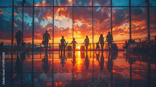 Portrait of silhouette figures of family members inside an airport terminal. Family travel background.