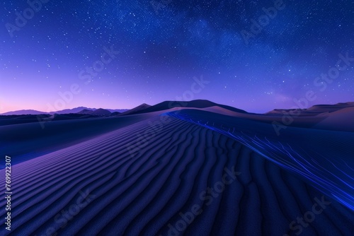 Under a velvet sky, the desert awakens, its sands shimmering with bioluminescent hues.