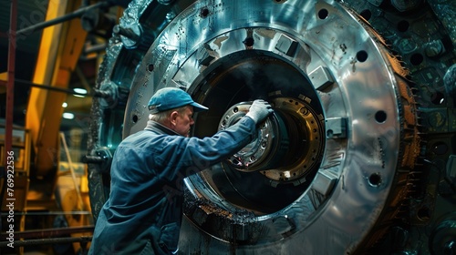 Professional mechanics are repairing a large generator engine in a factory.