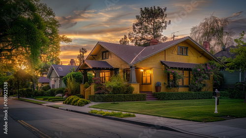 Dawn's gentle glow awakening a mustard yellow Craftsman style house, suburban streets bathed in the early light, peaceful and still, a new day dawning