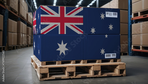 Cardboard boxes and a pallet with the Australia flag, symbolizing export-import business
